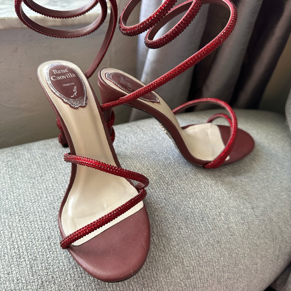 Rene Caovilla Burgundy Red Strappy Crystal Wrap Sandals - Picture 15 of 16